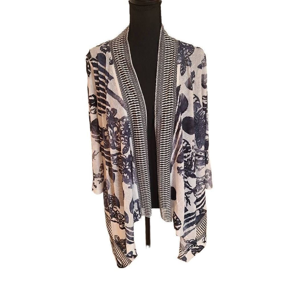 Cativa Womens Draped Open Jacket Abstract Pattern Navy Blue White Medium